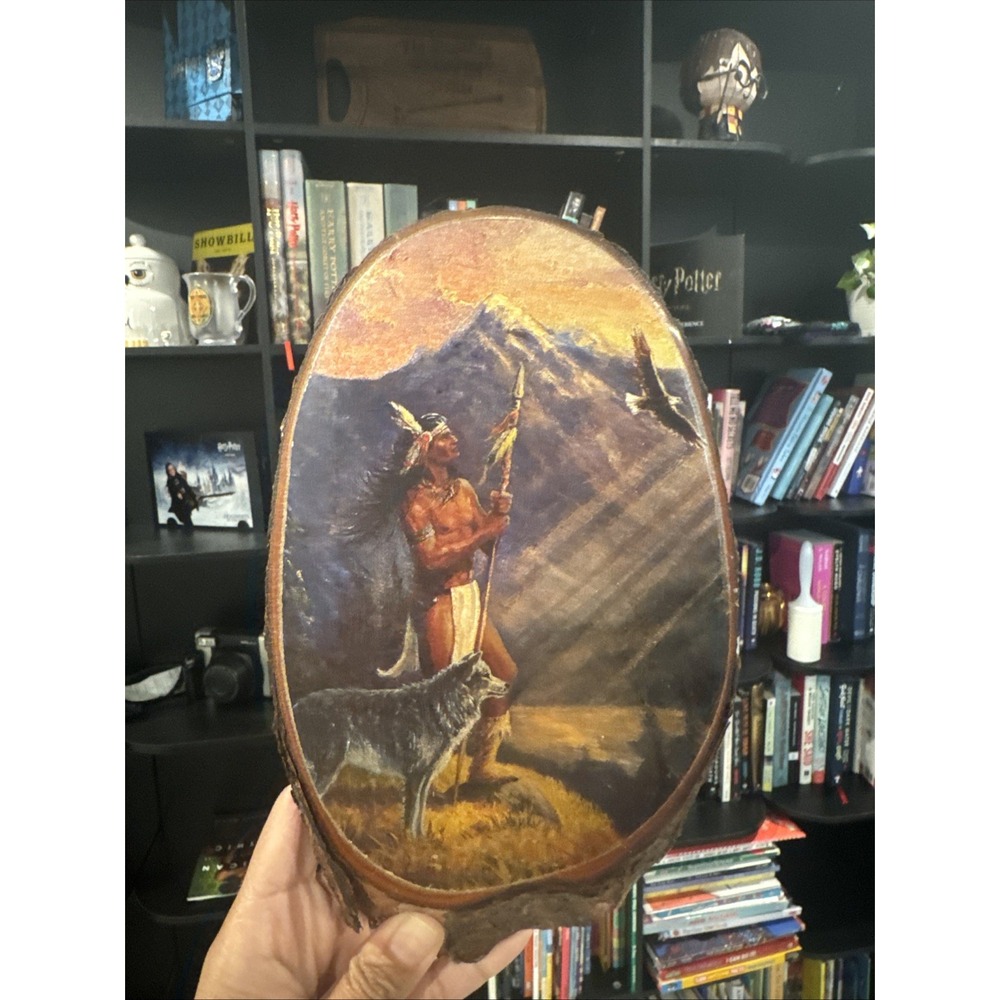 Caroselli Native American Wood Slice Plaque Brown Good Vintage Art Decor